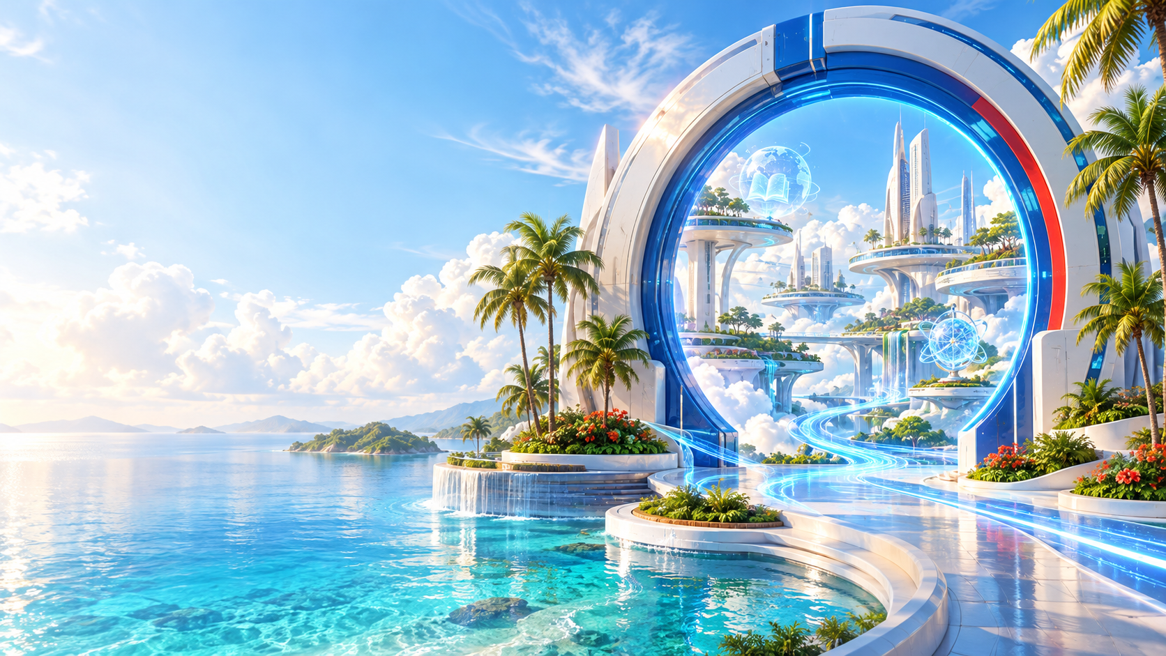 Pulau limaudigital dengan portal biru bercahaya